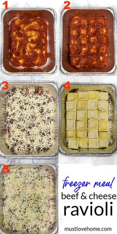 the steps to make ravioli with cheese and meat in baking pans on top of each other