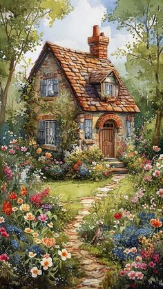 a painting of a house surrounded by flowers