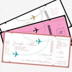 three boarding cards with an air plane on the front and one in pink, white and blue