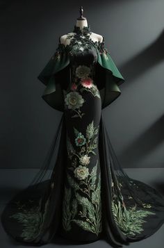 Fantasy Gala Dress, Romantic Style Fashion Inspiration, Green And Black Gown, Rennaisance Outfits, Fairytale Accessories, Royal Dresses