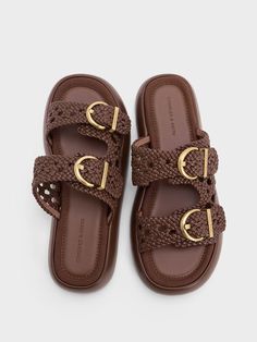 Comfort is given an elevated aesthetic with these sandals. Woven straps imbue the dark brown finish with a subtle tactility, while gold-toned buckles add polish. These details elevate the classic slip-on style, offering a breathable silhouette that can still be dressed up for more formal occasions. Set on flat padded soles, you will want to wear these all day, every day. Charles Keith, Buckle Sandals, Brown Sandals, Slide Sandals, Dark Brown, Heel Height, Jewelry Accessories, Shoe Bag, Slip On