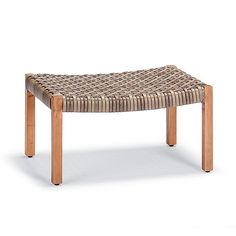 a wooden bench with woven seat cushion