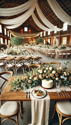 an indoor wedding venue with tables and chairs