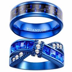 two blue rings with diamond accents and the words titanium written on each one side