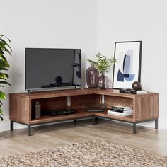 a flat screen tv sitting on top of a wooden entertainment center next to a potted plant