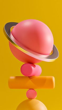 a pink object sitting on top of an orange object in front of a yellow background