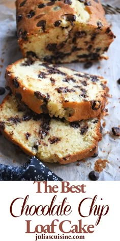 chocolate chip loaf cake with text overlay