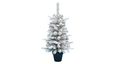 a small white christmas tree in a black pot on a white background with snow flakes