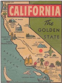 an old california map with the state's capital in red and green, as well as other states