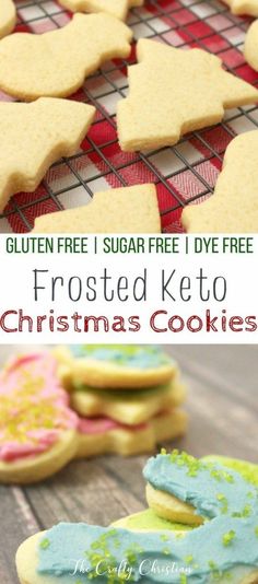 frosted keto christmas cookies on a cooling rack with the words gluten free sugar free dye free frosted keto