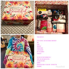 the contents of a hello beautiful box are shown in three different pictures, including an open suitcase