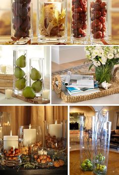 there are many different vases with fruits in them and candles on the table next to each other