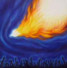 a painting of people raising their hands in front of a bright orange and blue sky