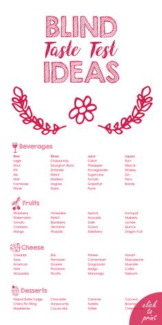 a poster with the words blind taste test ideas in red and pink on white background