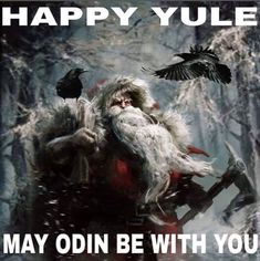 an image of santa claus with crows in the background that says, happy yule may oin be with you