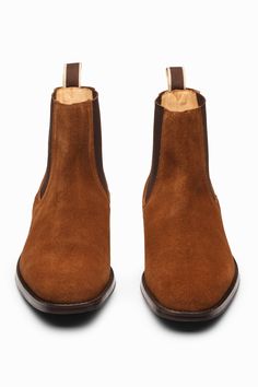 Brown leather Chelsea boots features hand built Argentinean leather sole with rubber forepart, dark cognac suede leather, and rich tan DD lining.
Composition: Leather
Color: Brown
Other Details: 
Weight (in kg) : 1
Heel height (in inch): 1 - Aza Fashions Brown Leather Chelsea Boots, Men Footwear, Chelsea Boots Men, Leather Chelsea Boots, Handcrafted Leather, Hand Built, Aza Fashion, Boots Men, Cognac