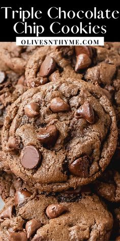 Triple chocolate cookies are rich, soft, chewy and fudgy cookies made with cocoa powder and three kinds of chocolate chips. These triple chocolate chip cookies are easy to make and have a short chill time. They’re the perfect cookie for the chocolate lovers.