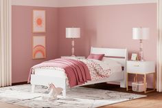 a bedroom with pink walls and white furniture