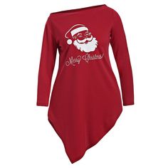 Skew Neck Santa Claus Print Longline Tee - Red - 3B12847315 - Women's Clothing  #WomensClothing #Women's #Clothing Womens Dress Coats, Cheap T Shirts, Trendy Plus Size Clothing, Plus Size Kleidung, Fashion Seasons, Mom Outfits, Plus Size Shirts, Plus Size Dress, Plus Size T Shirts