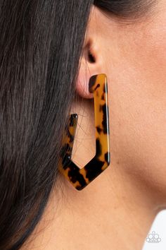 Featuring a classic tortoise shell pattern, a speckled acrylic frame delicately bends into an edgy hoop. Earring attaches to a standard post fitting. Hoop measures approximately 1 3/4" in diameter.

 Sold as one pair of hoop earrings. Paparazzi Jewelry Images, Paparazzi Consultant, Brown Earrings, Acrylic Frame, Shell Pattern, Acrylic Frames, Paparazzi Accessories, Chic Jewelry, Paparazzi Jewelry