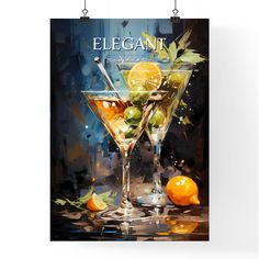 a painting of two martini glasses with oranges on the side and an advertisement for elegant