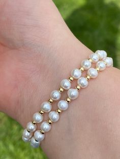 "△ DETAILS * 100% Genuine natural freshwater pearls, real pearls * Natural near round shaped pearls, size is approx. 5-5.5mm, natural white color with good luster * Handcrafted braided bracelet, double strand, 14K gold plated beads and push-in clasp, easy to use * 18th century pearl bracelet style , one of the most popular design for centuries, classic, historic, but also fashionable * For bracelet length, please ADD AT LEAST 1/2 INCHES to the WRIST size for a comfortable fit * Adorable, elegant Pearl White Bracelet With Round Beads For Gifts, Pearl Beaded Bracelets With Pearl Drop As Gift, Pearl Drop Beaded Bracelets As Gift, Round Pearl Bracelets With Pearl Drop, Pearl Drop Beaded Bracelet As Gift, Pearl Bracelets With Pearl Drop, Hand-strung Pearl Bracelet Gift, Akoya Pearl Bracelets With Round Beads For Wedding, Akoya Pearl Bracelets In Pearl White With Round Beads