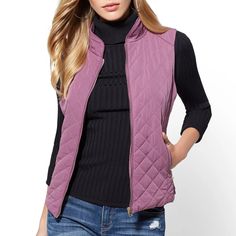 Color Is Truest To Stock Photos. Start The New Season In Style With A Versatile Outerwear Essential! Quilting Adds A Sophisticated Textural Accent To Our Zip-Front Vest. Full Zipper Closure. Princess Seams On Front And Back. Stretch Panels At Sides. Lined. Fitted Vest For Fall, Fitted Solid Outerwear For Layering, Purple Stretch Outerwear For Fall, Purple Outerwear For Spring Layering, Spring Purple Outerwear For Layering, Purple Quilts, Quilted Vest, Princess Seam, Zipper