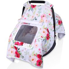 a white and red flowered pet carrier