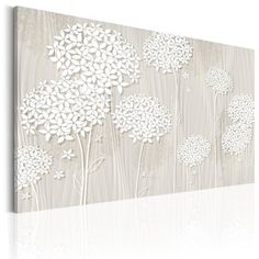 an abstract painting with white flowers on a gray background