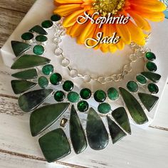 Nephrite Jade & Green Quartz Statement Necklace Extremely Rare & Beautiful! Natural Polished Nephrite Jade Stones 925 Stamped Silver! Lovely Green Quartz Accents! One Of A Kind Design! Nephrite Jade Is Said To Be A Dream Stone Because Of Its Support To Love, Devotion And Fidelity Beautifully Gift Boxed & Ready For Gift Giving! Feel Free To Make An Offer! Follow My Store And Check Out My Other Listings! Other Listings Include Ethnic Bohemian Hand Crafted Artisan Unique Natural Stone Teardrop Semi Green Gemstone Accented Sterling Silver Necklace, Green Gemstone Sterling Silver Necklaces, Green Sterling Silver Necklaces With Gemstone Accents, Silver Emerald Necklace With Gemstone Beads As Gift, Rainbow Pearl, Biwa Pearls, Rainbow Quartz, Teal Yellow, Nephrite Jade