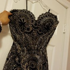 Worn Once. Sample Dress Which Was Not Even Sold Retail. Tailored - Best For Someone Who Will Be 5'3-5'4 With Heels/Shoes On. Was A Bit Tight On Me, But I Have Broad Shoulders. Broad Shoulders, Party Gown, Party Gowns, Heels Shoes, Floor Length, Black Silver, Shoes Heels, Tights, Wedding Dresses