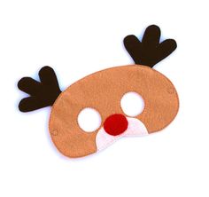 a brown reindeer mask with red nose and antlers on it's head, against a white background