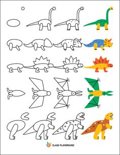 an image of dinosaurs to be colored in the style of children's drawings