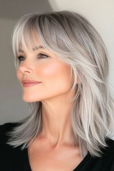 Long Layered Gray Hair Over 50, Medium Length Haircut Gray Hair, Long Blonde Bob With Bangs, Over Fifty Hairstyles Over 50, Growing Out Bangs Hairstyles Over 50, Long Grey Hair With Bangs, Layered Grey Hair, Bangs Grey Hair, Hair Styles For Women Over 70