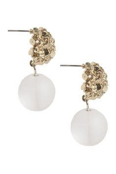 two pairs of earrings with white and gold beads on the front, one is round