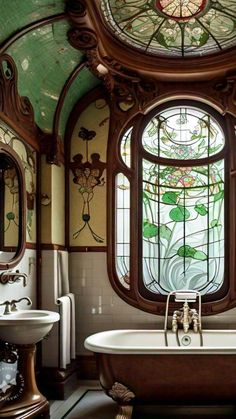 an ornate bathroom with stained glass windows and a claw foot tub in the center is shown