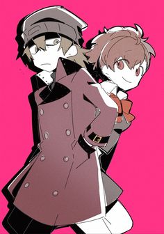 two anime characters standing next to each other in front of a pink background with black and white outlines