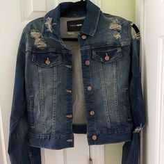 Distressed Denim Jacket, Size Large From Fashion Nova. Inside Pockets On Both Sides. Never Worn But No Tags. Fitted Ripped Denim Jacket In Dark Wash, Trendy Distressed Dark Wash Denim Jacket, Fashion Nova Jackets, Distressed Denim Jacket, Both Sides, Distressed Denim, Jean Coat, Jean Jacket, Fashion Nova