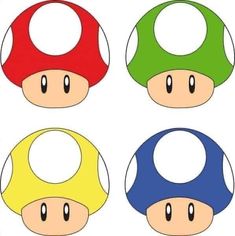 four different colored mushrooms with faces on them