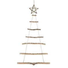 a wooden christmas tree hanging from a rope