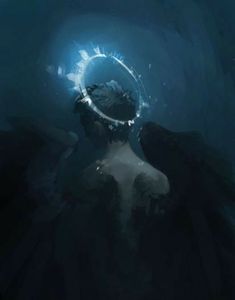 a woman with her head in the middle of an angel's halo, surrounded by darkness