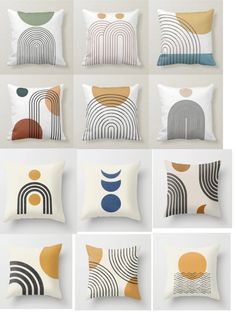 nine pillows with different shapes and sizes