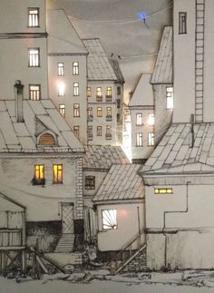 a drawing of some buildings in the night