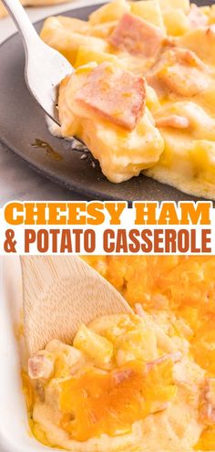 cheesy ham and potato casserole in a pan with a wooden spoon