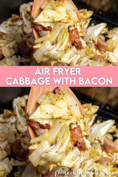 an air fryer with cabbage and bacon in it is being held up by a wooden spoon