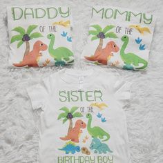 Family Dinosaur Birthday T-Shirts 3 T-Shirts Mommy Of Birthday Boy: Size L Chest: 21.5in (Approx) Bottom Of Hem: 21.5in (Approx) Daddy Of The Birthday Boy: Size 2xl Chest: 25in (Approx) Front Length: 32in (Approx) Sister Of The Birthday Boy: Size 2 Chest: 12in (Approx) Shoulder To Hem: 15in (Approx) New Without Tags! Never Worn! We No Longer Need Them! Family Birthday T-Shirts For Family That Have Not Been Worn! We Decided On Another Theme. They Have Just Been Sitting In Our Closets. Also, You C Dino Shirt, Birthday T Shirts, Family Birthday, Family Birthdays, Boy Birthday Parties, Dinosaur Birthday, Cute Sets, 3 Kids, Disney Shirts