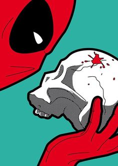 deadpool is holding a skull in his hand