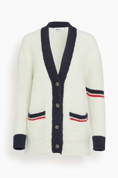 Askk NY Sweaters Varsity Cardigan in Ivory Askk NY Varsity Cardigan in Ivory V Neck Cardigan Outfit, Varsity Cardigan, 50th Clothing, Cardigan Outfit, Merino Sweater, Cardigan Outfits, Cable Sweater, Flare Leg Pants, Cardigan Black