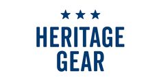 the words heritage gear written in blue and white with five stars on top of it