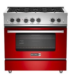 a red stove top oven with two burners on each side and four burners on the front